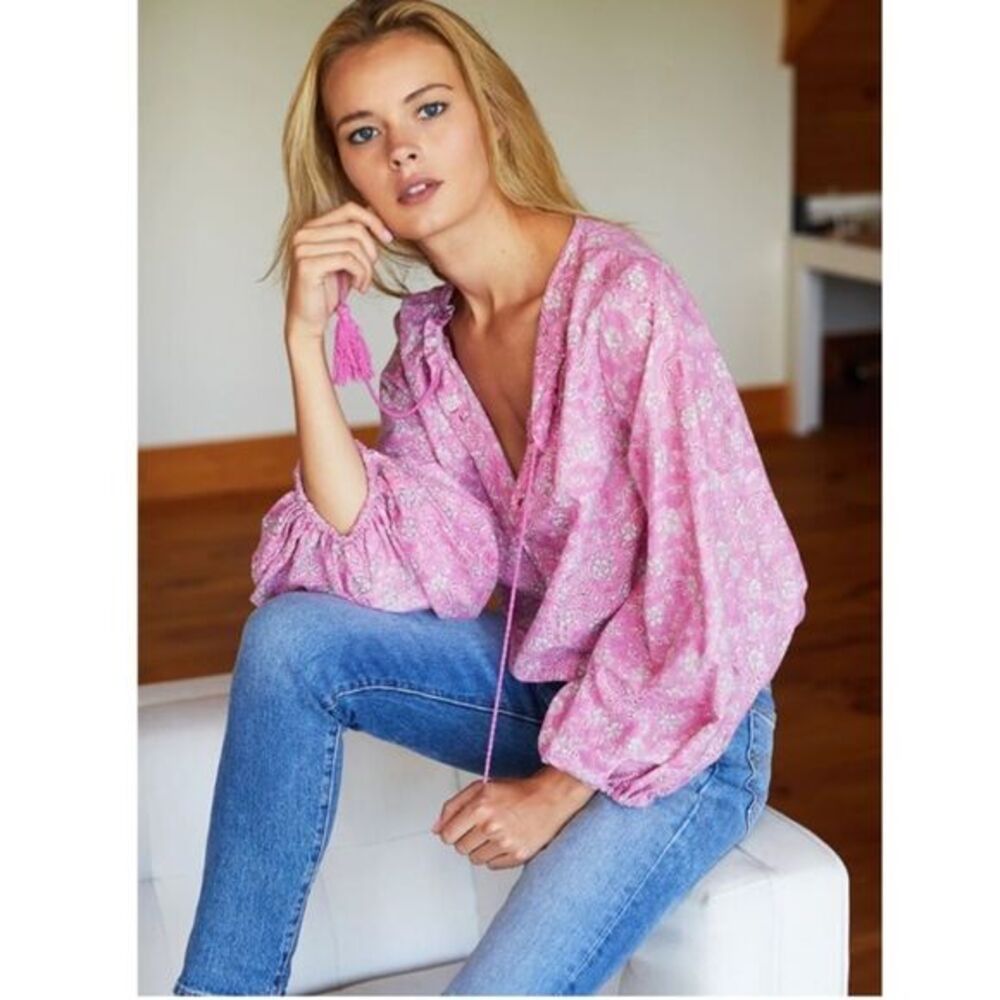 Emerson Fry India Collection Bardot Floral Peasant Top in Pink Crocus